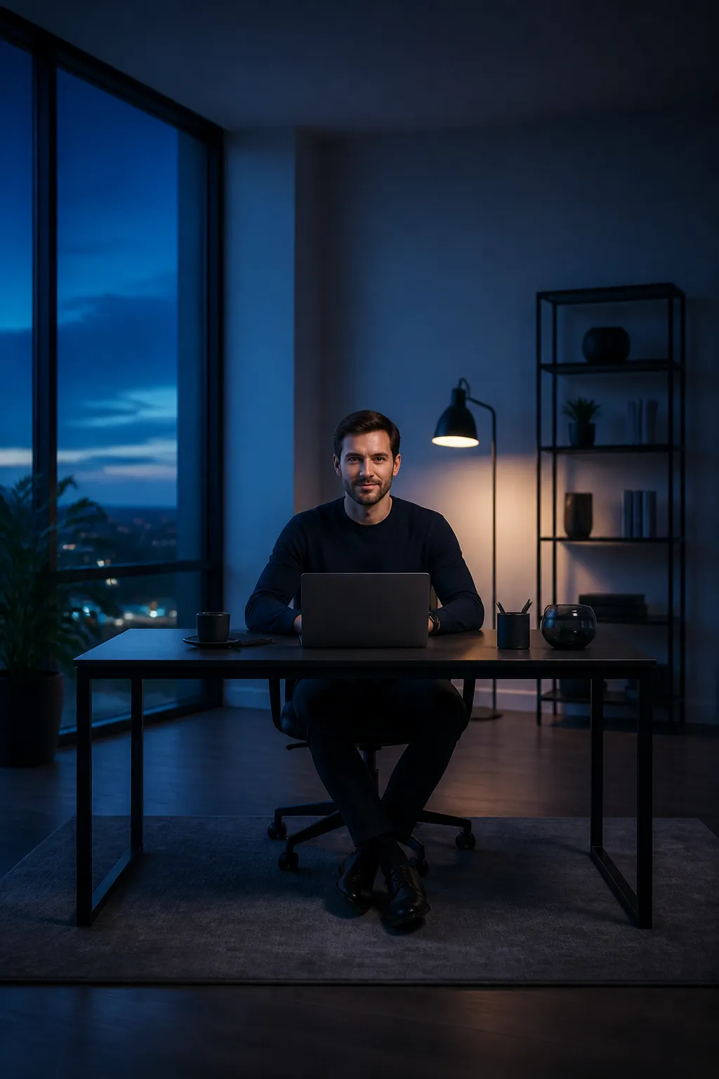 Entrepreneur working with AI tools at a modern desk